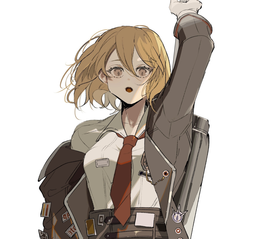 1girl arm_up badge black_coat black_pants blonde_hair breasts coat collared_shirt don_quixote_(project_moon) highres limbus_company medium_breasts necktie note_nii open_mouth pants project_moon red_necktie shirt short_hair simple_background single_off_shoulder solo sticker white_background white_shirt yellow_eyes