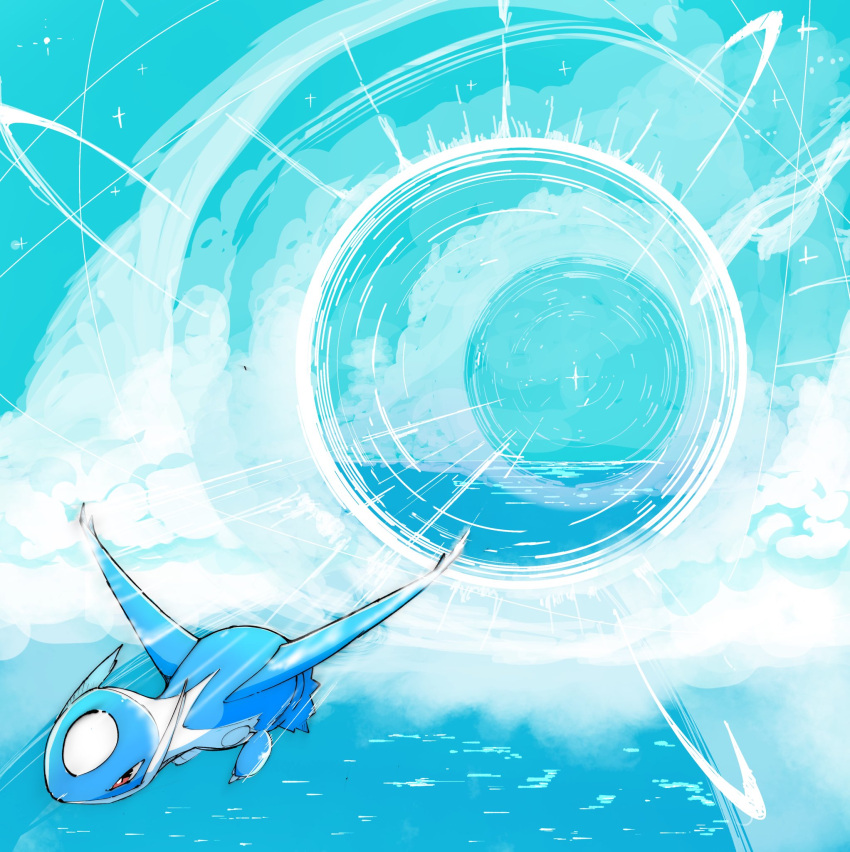 blue_sky cloud cloudy_sky flying highres horizon latios motion_lines no_humans ocean outdoors pokemon pokemon_(creature) ragia scenery sky sonic_boom_(speed) sparkle