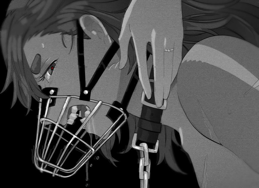2girls absurdres bdsm black_background breasts collar commentary_request dress fang film_grain greyscale gundam gundam_suisei_no_majo hand_on_another's_neck highres korean_commentary long_hair looking_at_viewer miorine_rembran monochrome multiple_girls muzzle nude red_pupils saliva scar scar_on_arm simple_background snapagi spot_color suletta_mercury thick_eyebrows wedding_dress wife_and_wife