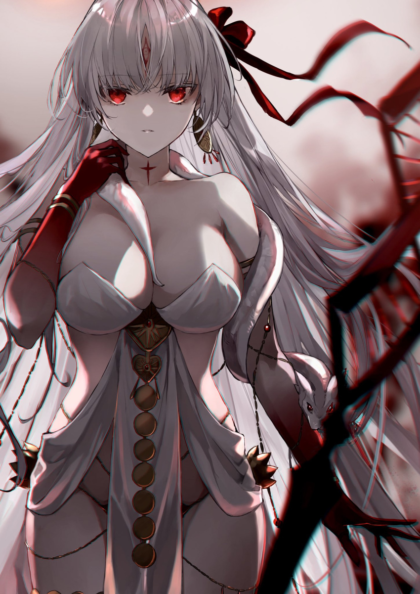 1girl armlet bare_shoulders belly_chain blush body_markings bracelet breasts cleavage collarbone colored_skin dress durga_(fate) earrings facial_mark fate/grand_order fate_(series) forehead_mark gradient_skin grey_hair hair_ribbon highres jewelry kino_kokko large_breasts long_hair looking_at_viewer pelvic_curtain red_eyes red_skin revealing_clothes ribbon sash snake solo thighs very_long_hair weapon white_dress