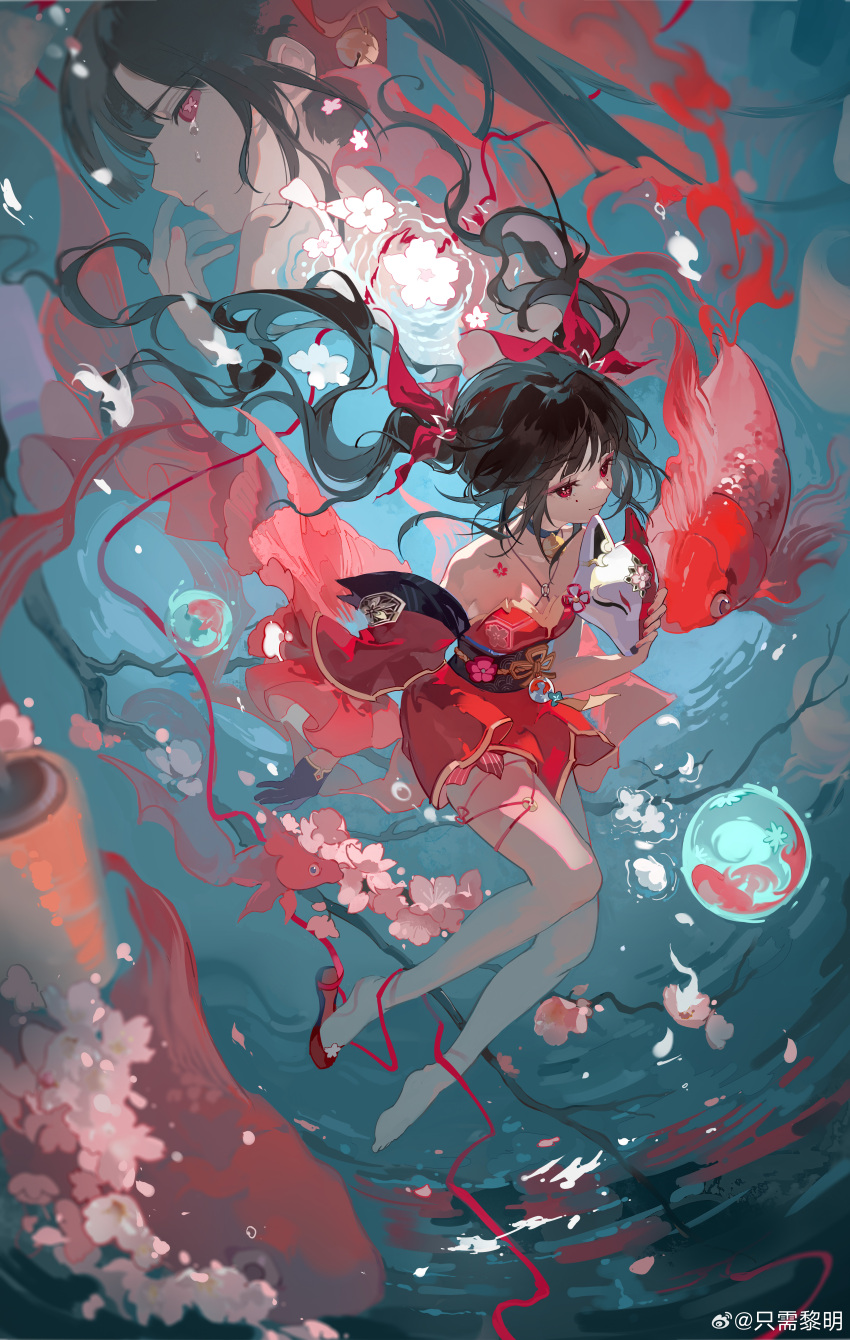 1girl absurdres barefoot black_choker brown_hair bubble cherry_blossoms choker detached_sleeves fish goldfish highres honkai:_star_rail honkai_(series) japanese_clothes kimono long_hair long_sleeves looking_at_viewer red_eyes red_footwear red_kimono ripples shoes solo sparkle_(honkai:_star_rail) twintails very_long_hair water wide_sleeves zhi_xu_li_ming