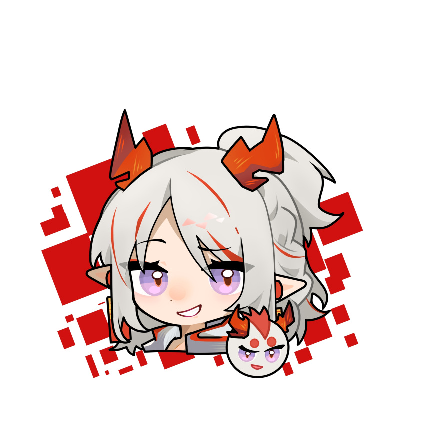 1girl absurdres arknights chibi chinese_commentary commentary_request cropped_shoulders dragon_bubble_(arknights) dragon_girl dragon_horns eyes_visible_through_hair grey_hair grin highres horns long_hair looking_at_viewer multicolored_hair nian_(arknights) pointy_ears portrait purple_eyes red_hair red_horns smile solo streaked_hair white_background xinjinjumin_(zhu_jin_fanselit)