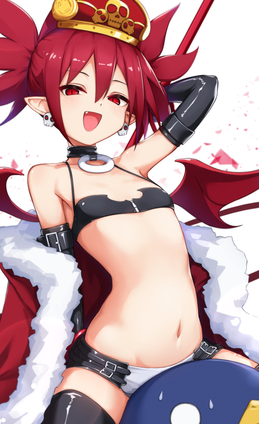 1girl arm_up bare_shoulders bikini bikini_top_only black_bikini black_collar black_gloves black_thighhighs clothes_down coat collar commentary_request crown demon_wings disgaea disgaea_rpg earrings elbow_gloves etna_(disgaea) fang flat_chest fur-trimmed_coat fur_trim gloves highres jewelry looking_at_viewer micro_bikini microskirt nakata_(nkt_vvd) navel o-ring_collar open_mouth pointy_ears prinny red_coat red_eyes red_hair red_wings simple_background skirt skull_earrings smile solo stomach swimsuit thighhighs twintails white_background wings