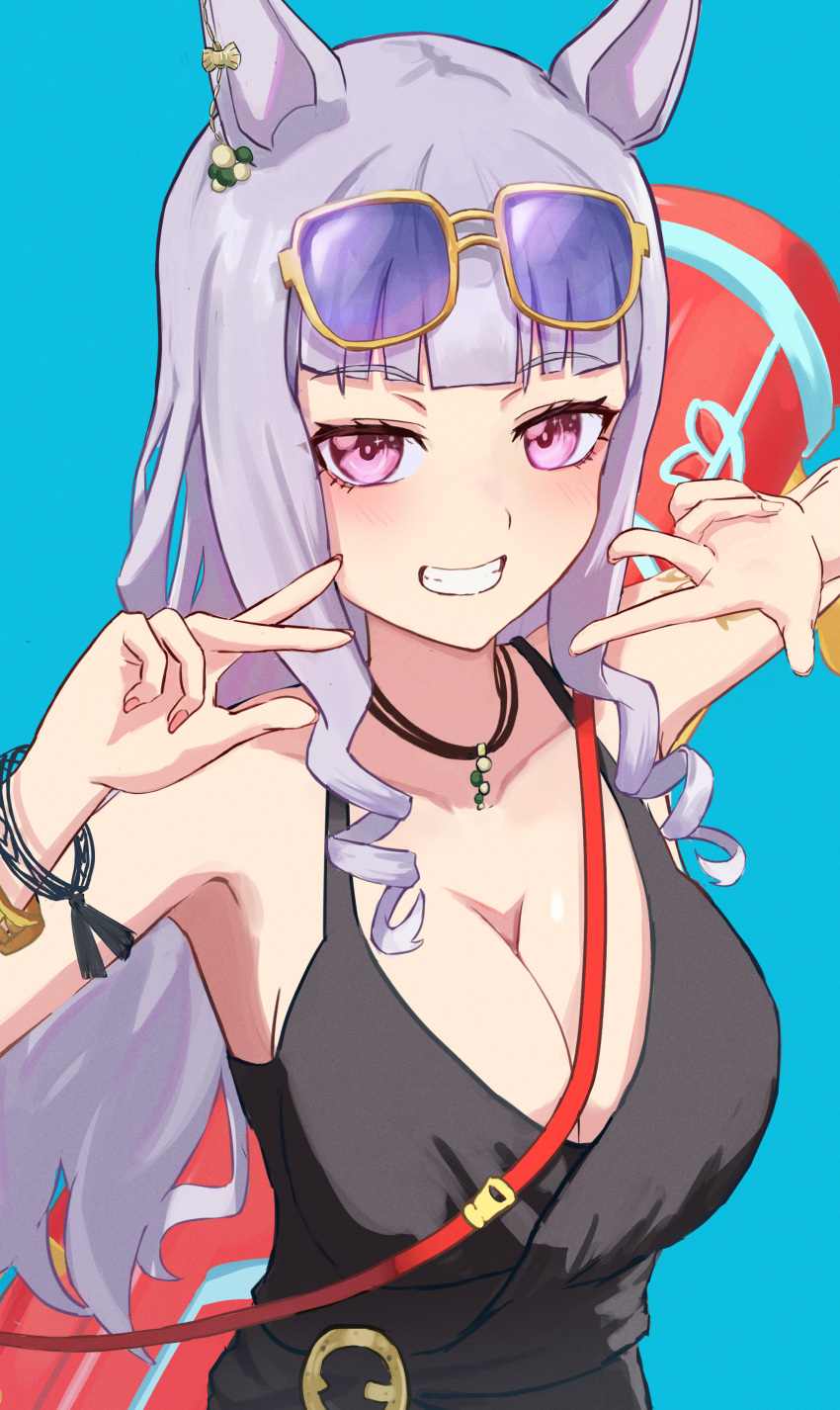 1girl absurdres animal_ears bare_shoulders black_one-piece_swimsuit blue_background blunt_bangs blush breasts cleavage clip_studio_paint_(medium) collarbone double_w ear_ornament eyewear_on_head fingernails gold_ship_(run_revolt_launcher)_(umamusume) gold_ship_(umamusume) grey_hair grin hands_up highres horse_ears horse_girl jewelry long_hair looking_at_viewer making-of_available medium_breasts necklace official_alternate_costume one-piece_swimsuit pink_eyes purple-tinted_eyewear purple_hair ryoha_kosako sidelocks simple_background smile solo sunglasses swimsuit tinted_eyewear umamusume upper_body video_thumbnail w water_gun