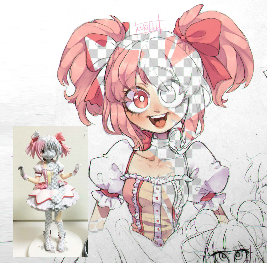 1girl artist_name bow bow_choker breasts buttons center_frills choker cleavage collarbone commentary cropped_torso derivative_work dress english_commentary eyelashes fake_transparency frilled_sleeves frills hair_bow highres kaname_madoka light_blush looking_at_viewer magical_girl mahou_shoujo_madoka_magica mahou_shoujo_madoka_magica_(anime) open_mouth oskilll partially_colored photo_background pink_bow pink_choker pink_dress pink_eyes pink_hair puffy_short_sleeves puffy_sleeves reference_inset short_hair short_sleeves short_twintails smile solo square_neckline teeth twintails upper_teeth_only white_sleeves