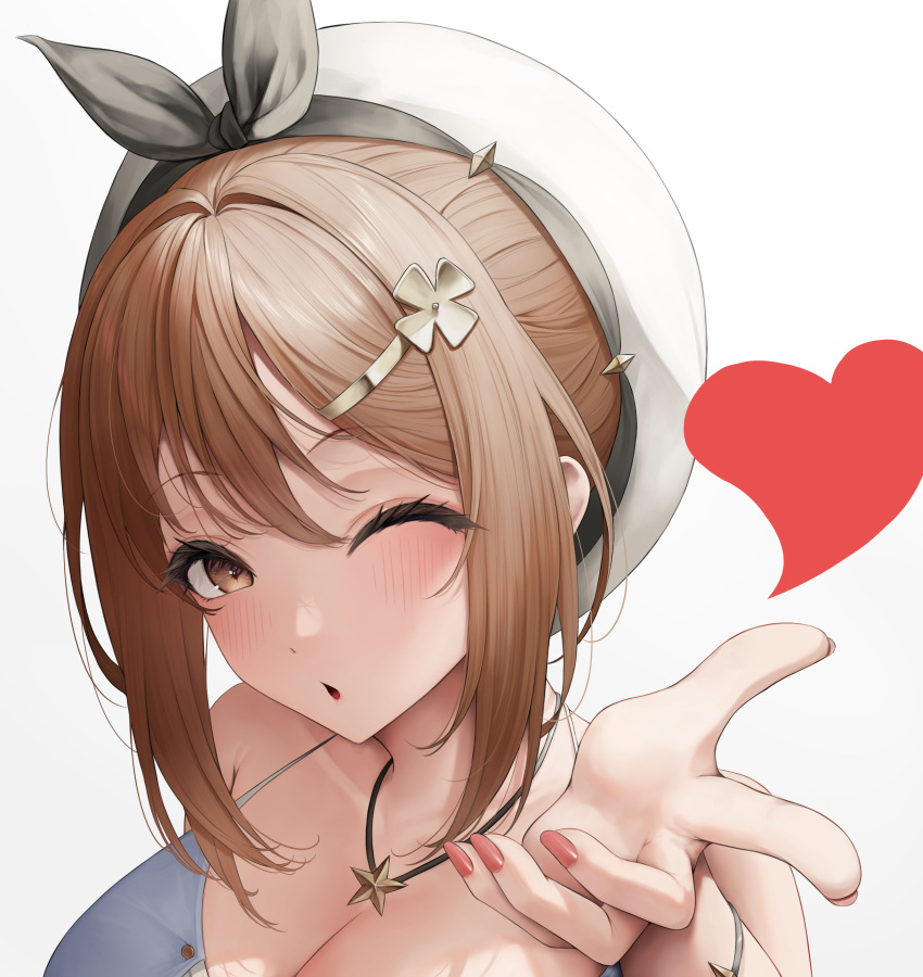 1girl :o absurdres atelier_(series) atelier_ryza atelier_ryza_1 blowing_kiss blue_camisole blush breasts brown_eyes brown_hair bsmage camisole cleavage collarbone gradient_background grey_background hair_between_eyes hair_ornament hair_ribbon hairclip heart highres jewelry large_breasts nail_polish necklace one_eye_closed open_mouth reisalin_stout ribbon short_hair sidelocks simple_background solo star_(symbol) star_necklace upper_body white_background