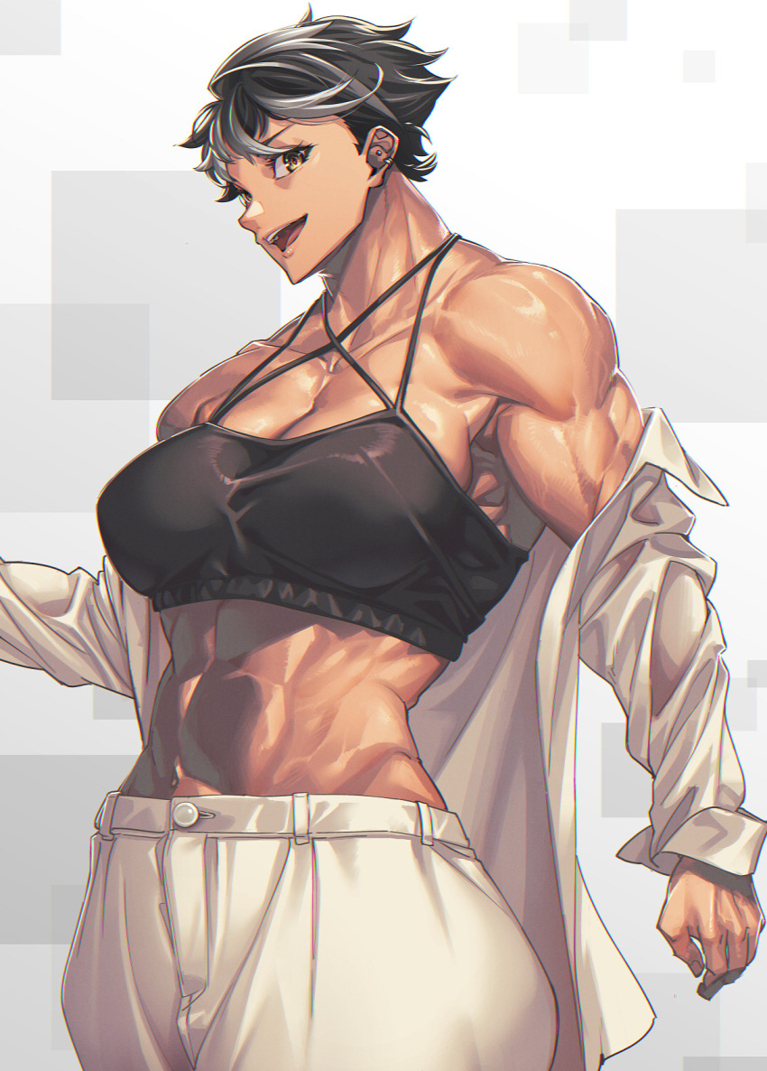 1girl abs black_hair highres mikel_(4hands) multicolored_hair muscular muscular_female open_mouth original pants shirt short_hair smile solo tank_top undressing veins veiny_arms white_background white_hair white_pants white_shirt yellow_eyes