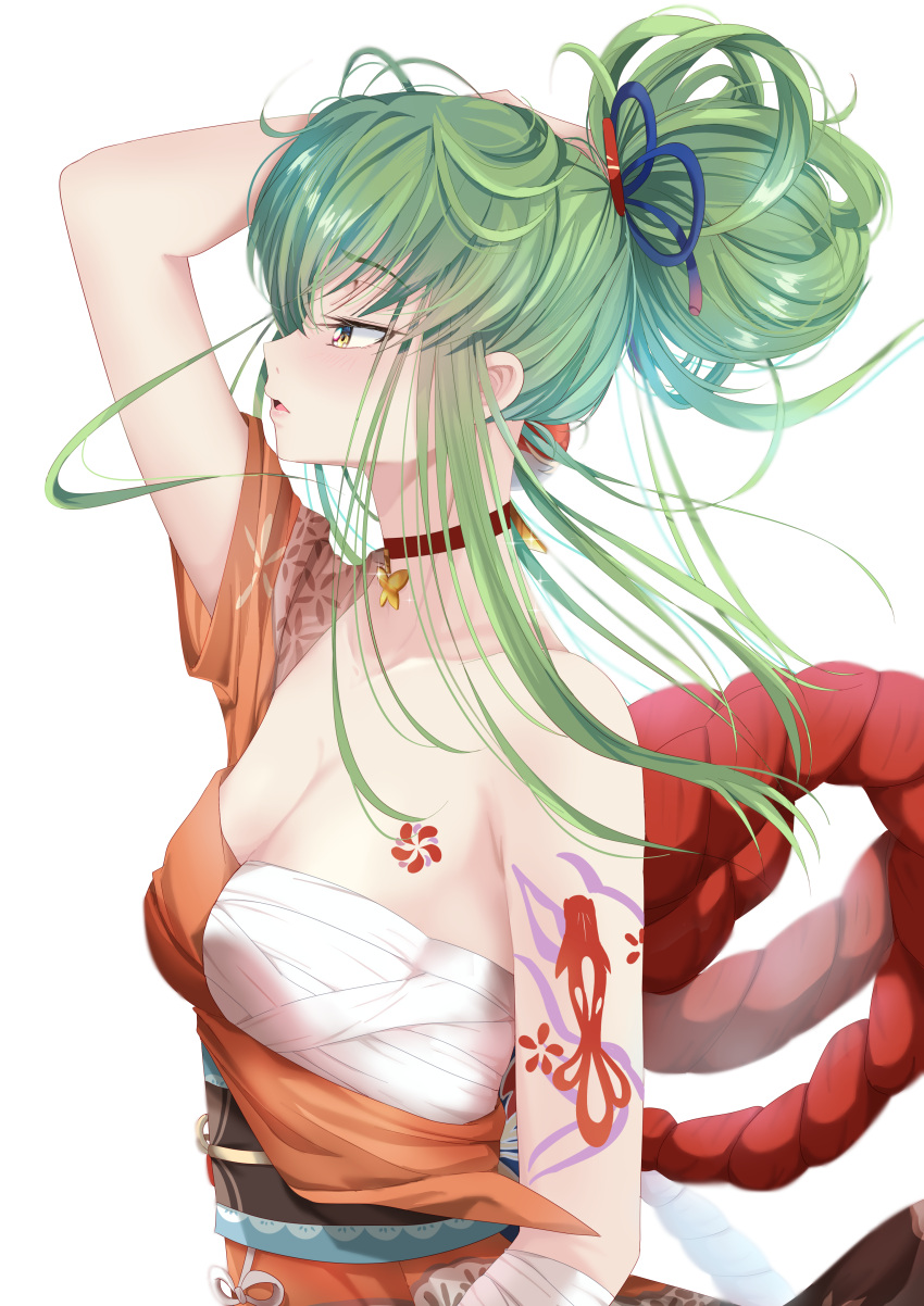 1girl absurdres arm_tattoo arm_up bandages black_sash breasts budgiepon c.c. chest_sarashi chest_tattoo choker cleavage code_geass collarbone commentary_request cosplay from_side genshin_impact green_hair highres japanese_clothes kimono long_hair obi orange_kimono parted_lips ponytail red_choker sarashi sash short_sleeves single_bare_shoulder small_breasts solo tattoo upper_body yellow_eyes yoimiya_(genshin_impact) yoimiya_(genshin_impact)_(cosplay)