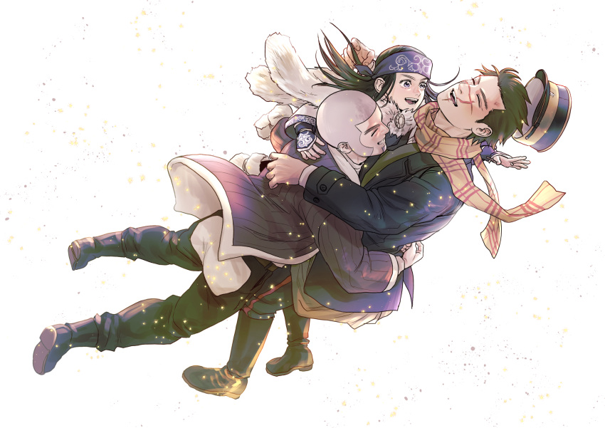 1girl 2boys asirpa birthday buzz_cut closed_eyes full_body ganpiro golden_kamuy happy hat highres kepi light_particles long_sideburns male_focus military_hat multiple_boys scar scar_on_cheek scar_on_face scar_on_nose shiraishi_yoshitake short_hair sideburns sugimoto_saichi surprise_hug very_short_hair