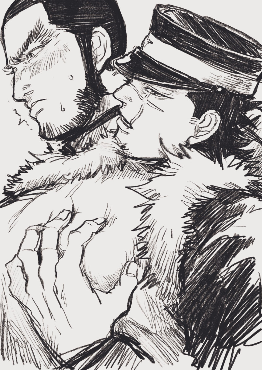 2boys bara beard_stubble blush buzz_cut derivative_work facial_hair from_side golden_kamuy grabbing grabbing_from_behind greyscale groping half-closed_eyes highres large_pectorals male_focus mature_male monochrome multiple_boys muscular muscular_male parted_lips pectoral_grab pectorals profile scar scar_on_cheek scar_on_face scar_on_nose screencap_redraw short_hair stubble sugimoto_saichi tanigaki_genjirou thick_eyebrows upper_body very_short_hair yaoi zazuzamushi