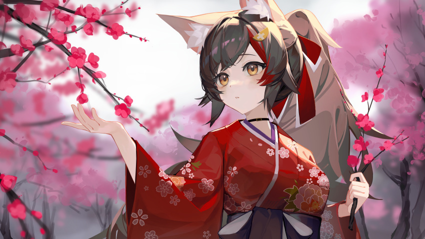 1girl absurdres animal_ears black_choker black_hair blurry blurry_background branch breasts choker cine_(wazd0183) commentary_request flower hair_ornament hair_ribbon hakama high_ponytail highres holding holding_branch hololive japanese_clothes kimono long_hair long_sleeves looking_to_the_side medium_breasts multicolored_hair ookami_mio outdoors parted_lips plum_blossoms ponytail red_hair red_kimono red_ribbon ribbon solo standing streaked_hair upper_body virtual_youtuber wide_sleeves wolf_ears wolf_girl yellow_eyes