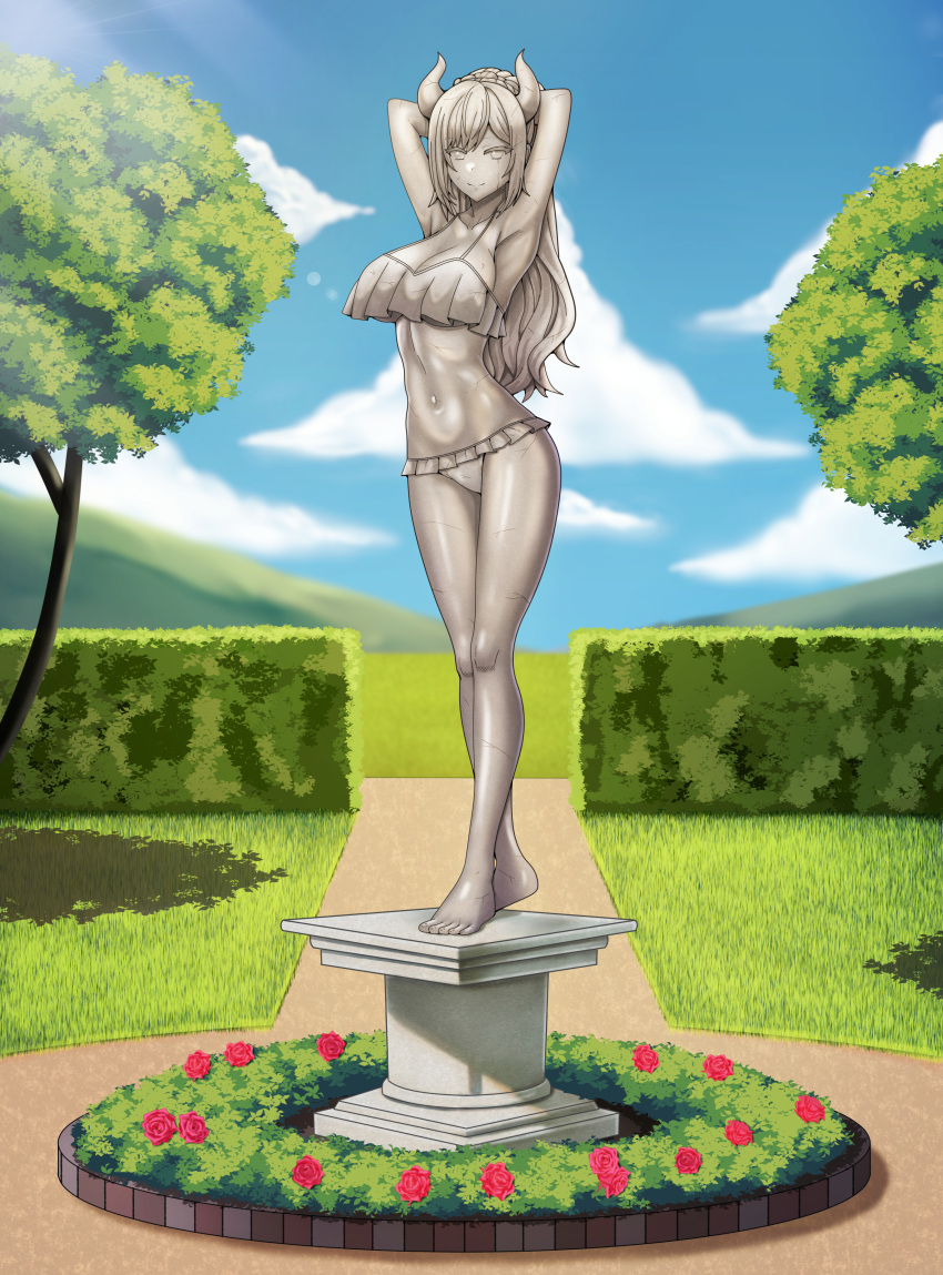 1girl absurdres arms_behind_head arms_up breasts cloud demon_girl demon_horns flower garden grass hedge highres hololive horns large_breasts long_hair looking_at_viewer navel pedestal petrification rose saikunartworks standing statue sunlight swimsuit tree virtual_youtuber yuzuki_choco