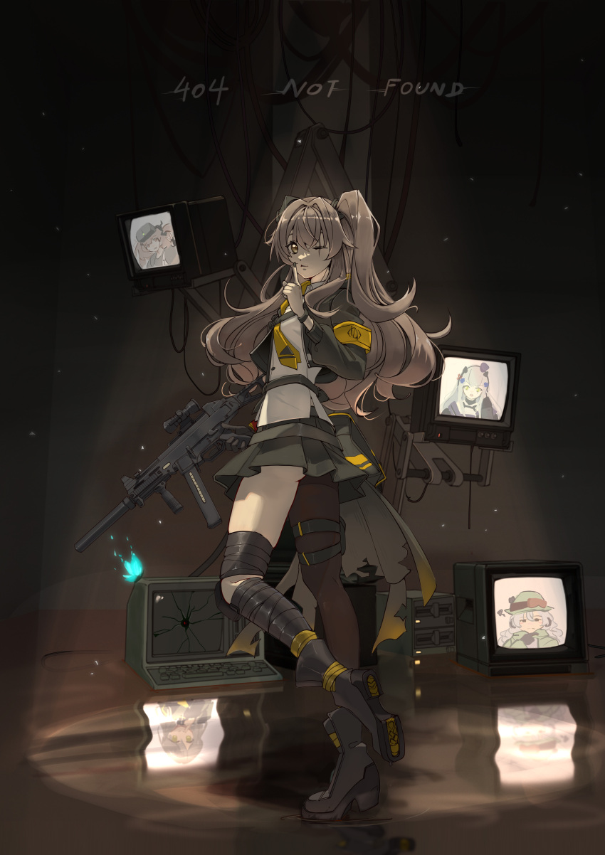 1girl 404_(girls'_frontline) absurdres black_footwear black_skirt blue_butterfly boots broken_computer brown_hair brown_thighhighs bug butterfly computer cropped_jacket different_reflection finger_to_mouth full_body g11_(girls'_frontline) g11_(mod3)_(girls'_frontline) girls'_frontline gun h&amp;k_ump hair_ornament hand_up highres hk416_(girls'_frontline) hk416_(mod3)_(girls'_frontline) holding holding_gun holding_weapon knee_pads long_hair looking_at_viewer nantiao_diudiu one_eye_closed one_side_up pleated_skirt reflection reflective_water scar scar_across_eye shushing single_knee_pad single_thighhigh skirt submachine_gun tape television thighhighs trigger_discipline ump40_(girls'_frontline) ump45_(girls'_frontline) ump45_(mod3)_(girls'_frontline) ump9_(girls'_frontline) ump9_(mod3)_(girls'_frontline) weapon yellow_eyes