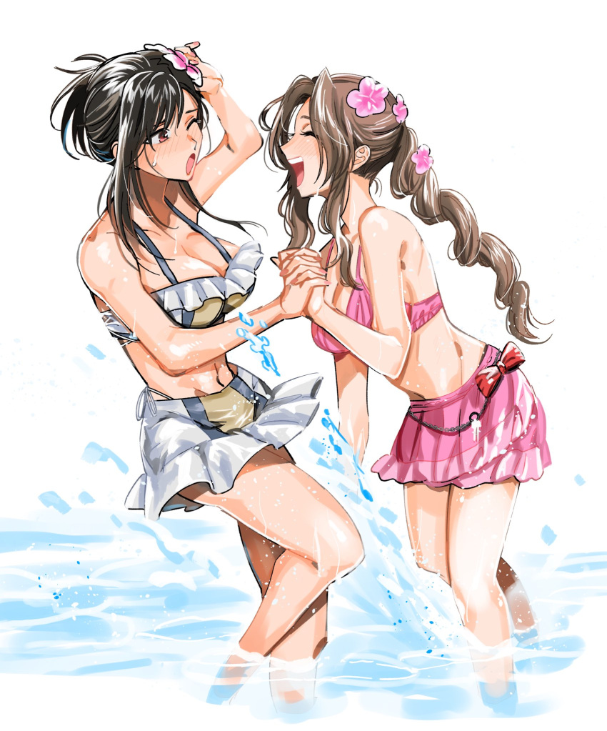 2girls aerith_gainsborough bikini bikini_skirt black_hair breasts brown_hair drill_hair final_fantasy final_fantasy_vii final_fantasy_vii_rebirth final_fantasy_vii_remake flower frilled_bikini frills hair_flower hair_ornament highres holding_hands mrg2by multiple_girls official_alternate_costume official_alternate_hairstyle open_mouth partially_submerged pink_bikini ponytail smile swimsuit tifa_lockhart water