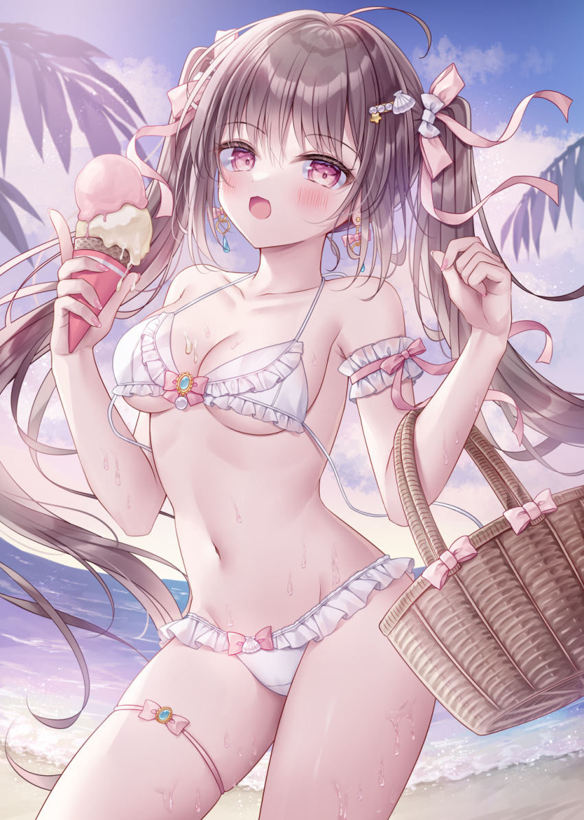 1girl :d bare_shoulders basket bikini blue_sky blush bow brown_hair cloud cloudy_sky commentary_request day double_scoop food frilled_bikini frills groin hair_between_eyes hair_bow hands_up highres holding holding_food ice_cream ice_cream_cone kohinata_hoshimi looking_at_viewer moe2024 navel original outdoors palm_tree pink_bow purple_eyes skindentation sky smile solo swimsuit tree twintails untied_bikini