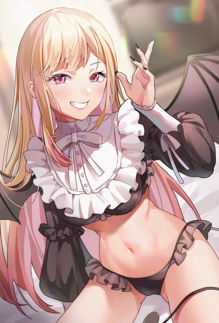 1girl arm_up black_bra black_nails black_panties blonde_hair blush bra breasts clenched_teeth colored_inner_hair cosplay demon_girl demon_tail demon_wings frilled_panties frilled_shirt_collar frills highres hoshiko_(419401x) kitagawa_marin large_breasts long_hair long_sleeves looking_at_viewer multicolored_hair nail_polish navel panties pink_hair red_eyes revealing_clothes rizu-kyun rizu-kyun_(cosplay) sitting smile solo sono_bisque_doll_wa_koi_wo_suru tail teeth thighs two-tone_hair underwear very_long_hair wings