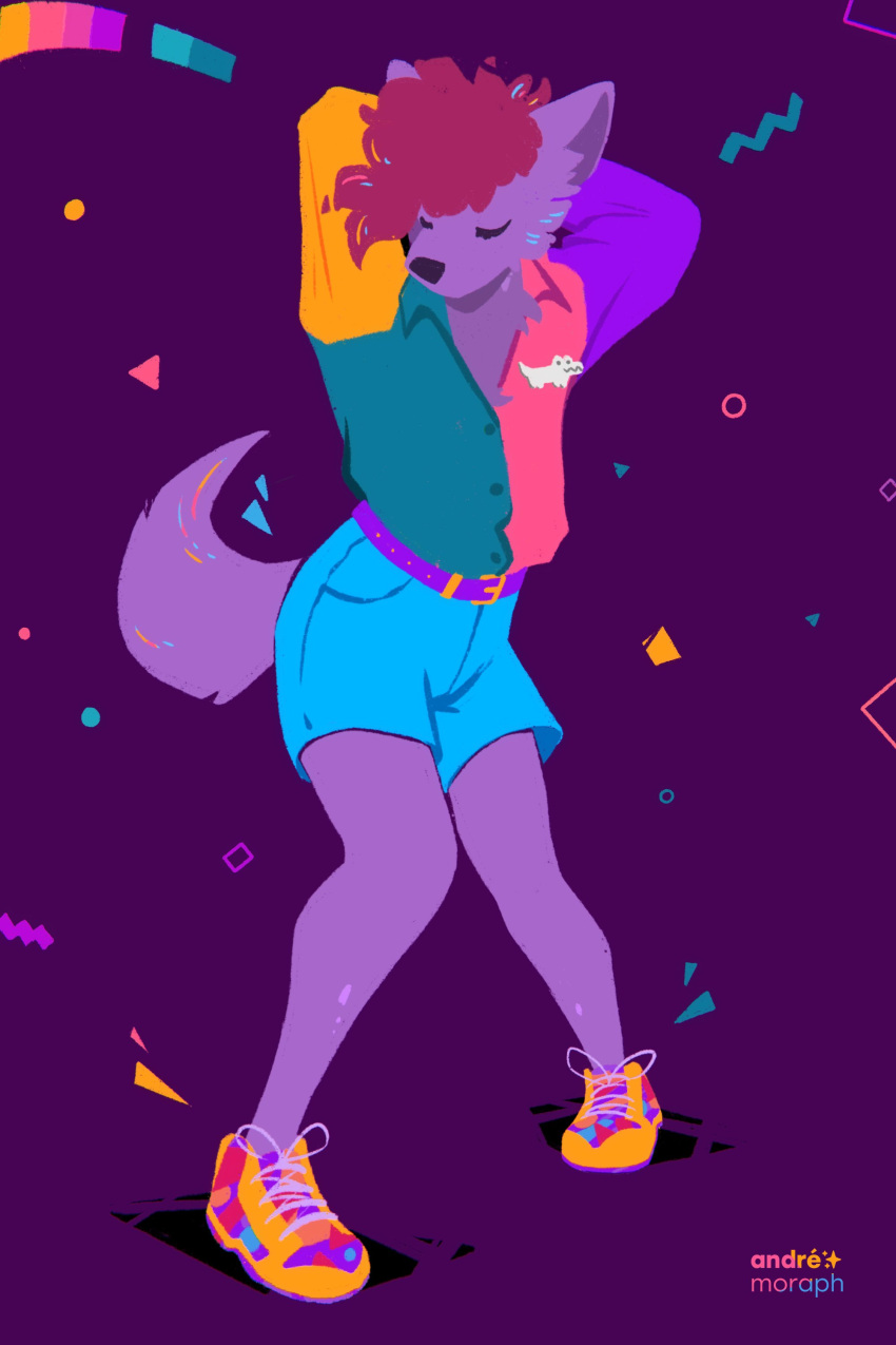 2023 80's_theme 80s_clothing absurd_res andre_moraph andre_moraph_(artist) anthro belt big_ears black_nose bottomwear brown_eyebrows brown_hair canid canine canis cheek_tuft clothing cutoffs dancing denim denim_bottomwear denim_clothing digital_drawing_(artwork) digital_media_(artwork) eyebrows eyes_closed facial_tuft footwear full-length_portrait fur glowing glowing_body glowing_fur glowing_hair hair hands_behind_head hi_res highlights_(coloring) inner_ear_fluff jacket lineless male mammal multicolored_clothing multicolored_footwear multicolored_jacket multicolored_shoes multicolored_topwear pins portrait purple_background purple_belt purple_body purple_ears purple_fur purple_tail shoes shorts signature simple_background solo tail topwear tuft wolf