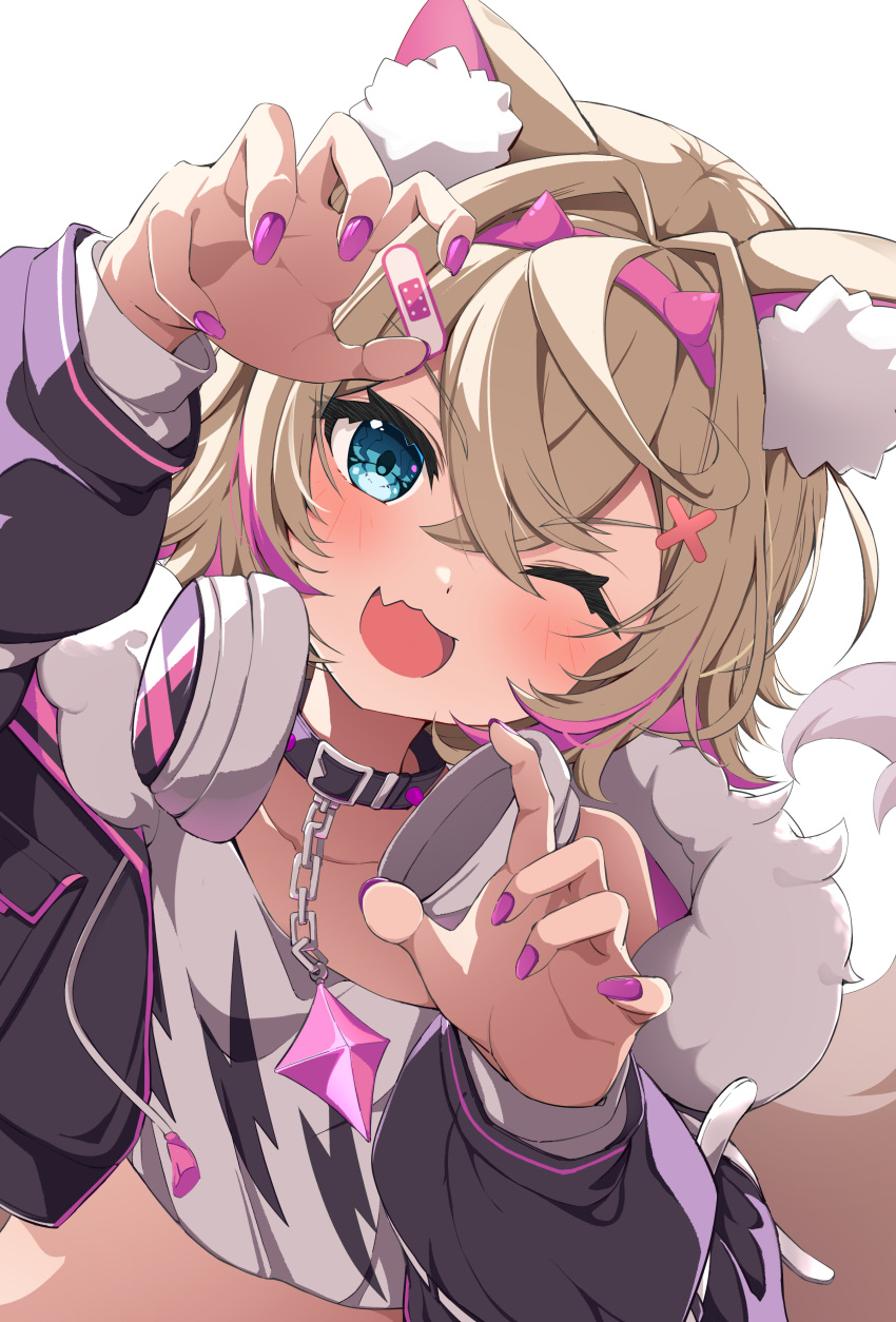 1girl absurdres animal_ear_fluff animal_ears bandaid bandaid_hair_ornament black_collar black_jacket blonde_hair blue_eyes blush claw_pose collar colored_inner_animal_ears commentary crop_top cropped_shirt crossed_bangs dog_ears dog_girl fang fumi_(fumibeing) hair_between_eyes hair_ornament hairband hands_up headphones headphones_around_neck highres hololive hololive_english horn_hairband jacket long_sleeves looking_at_viewer medium_hair mococo_abyssgard mococo_abyssgard_(1st_costume) multicolored_hair one_eye_closed open_clothes open_jacket open_mouth pink_hairband purple_hair purple_nails shirt skin_fang smile solo streaked_hair upper_body virtual_youtuber white_shirt x_hair_ornament