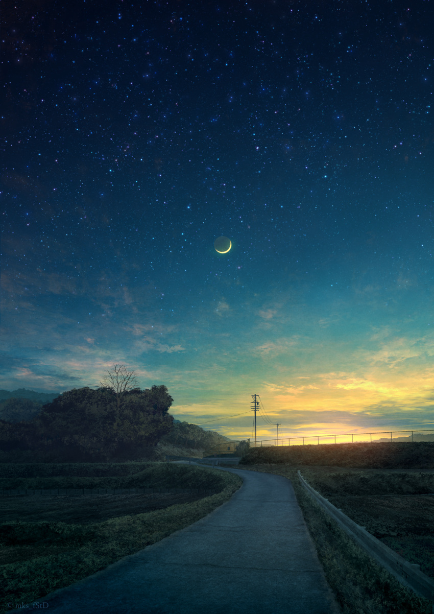 cloud commentary_request crescent_moon evening fence guard_rail highres landscape mks moon no_humans original outdoors power_lines road scenery sky star_(sky) starry_sky sunset tree utility_pole vanishing_point