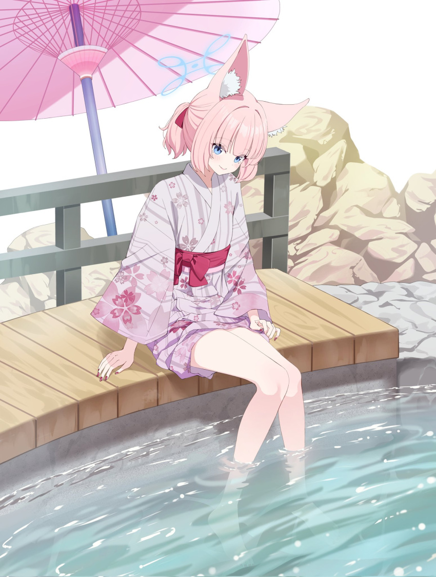 1girl animal_ears arm_support blue_archive blue_eyes blue_halo blush closed_mouth fingernails floral_print floral_print_kimono fox_ears full_body hair_ribbon halo highres japanese_clothes kimono long_sleeves nail_polish niko_(blue_archive) obi oil-paper_umbrella pink_hair ponytail red_nails red_ribbon red_sash ribbon sash short_kimono short_yukata sitting smile soaking_feet solo tomu_(tom_309k) umbrella yukata