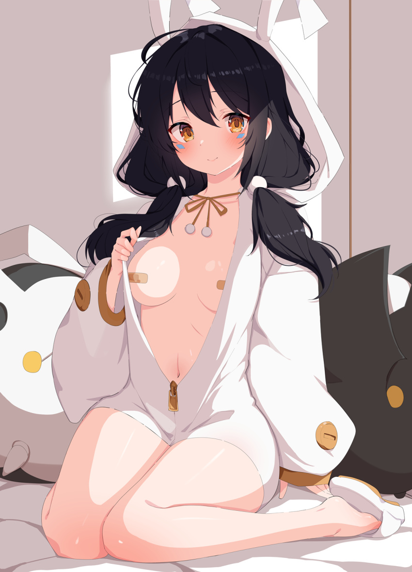 1girl ahoge animal_hood bandaid bandaids_on_nipples bare_legs black_hair breasts closed_mouth commission drone elsword eve_(2nas)_(elsword) eve_(elsword) facial_mark hair_ornament hair_over_shoulder hand_up highres hood hooded_jacket jacket long_hair long_sleeves looking_at_viewer low_twintails moby_(elsword) navel open_clothes open_jacket orange_eyes partially_unzipped pasties puffy_long_sleeves puffy_sleeves remy_(elsword) second-party_source sitting slippers small_breasts smile solo thighs twintails w.k wariza white_jacket zipper