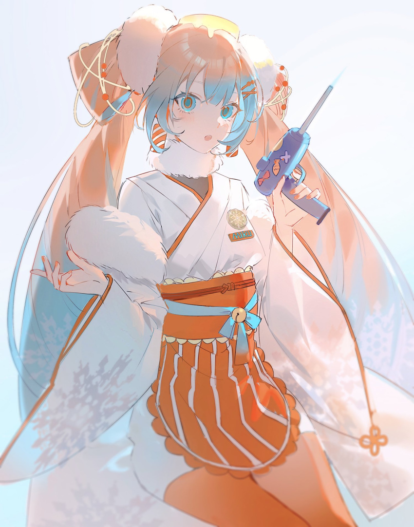 1girl apron aqua_hair aqua_sclera bell blue_fire colored_sclera fire hatsune_miku highres holding holding_lighter japanese_clothes kimono lighter long_hair multicolored_hair name_tag o-shaped_pupils orange_hair orange_nails orange_pupils orange_thighhighs simple_background solo thighhighs twintails vocaloid white_background white_kimono wide_sleeves zhanzhan_lan