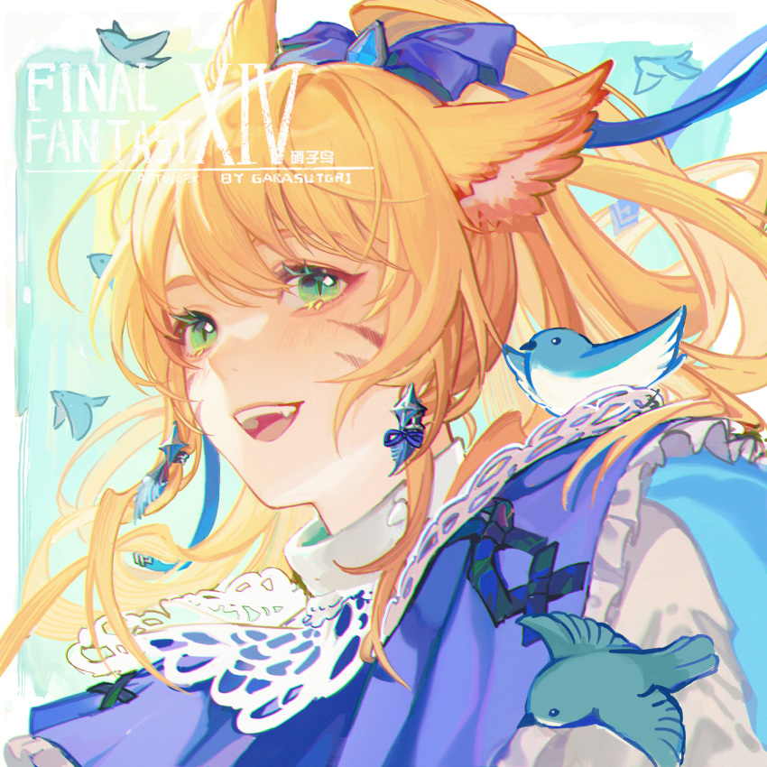 1girl animal_ears animal_on_shoulder artist_name bird bird_on_shoulder blonde_hair blue_capelet blue_ribbon bluebird capelet cat_ears cat_girl copyright_name english_text facial_mark fang final_fantasy final_fantasy_xiv green_eyes guan_tang_baozi hair_ribbon highres light_blush long_hair miqo'te ponytail portrait ribbon slit_pupils solo warrior_of_light_(ff14) whisker_markings