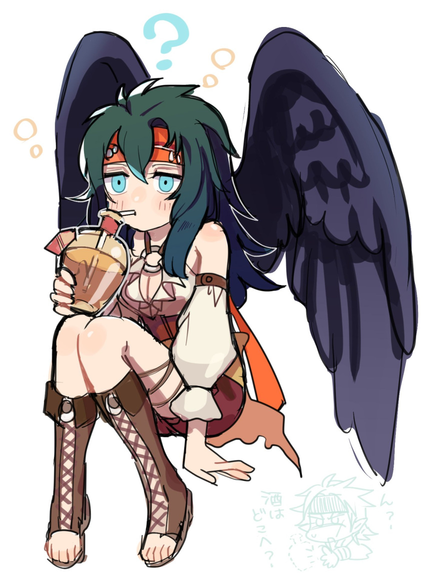 1girl bare_shoulders black_hair black_wings boots cross-laced_footwear cup drinking_straw feathered_wings fire_emblem fire_emblem:_radiant_dawn fire_emblem_heroes headband highres holding holding_cup kurimori lace-up_boots o-ring o-ring_top pirate solo toeless_footwear vika_(fire_emblem) vika_(pirate)_(fire_emblem) wings