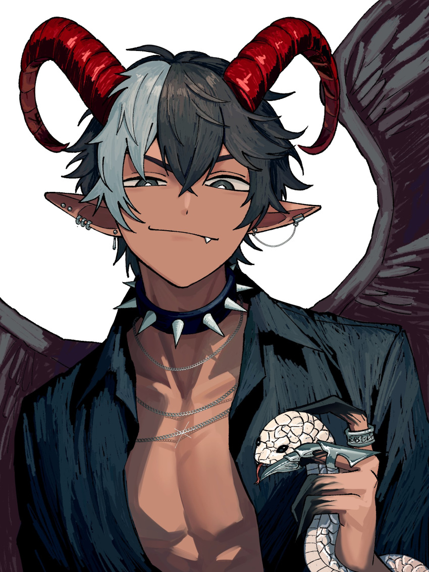 1boy absurdres black_eyes black_wings choker demon_boy demon_horns ear_piercing fingernails highres horns jewelry looking_at_viewer multicolored_hair original piercing pointy_ears sharp_fingernails smirk snake spiked_choker spikes white_snake wings zeon_(zzeeonn)