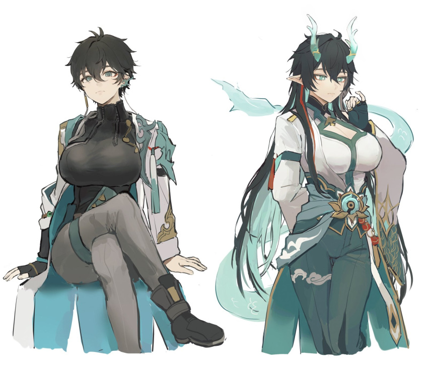 2girls black_footwear black_pants black_shirt boots breasts brooch closed_mouth coat crossed_legs dan_heng_(honkai:_star_rail) dan_heng_(imbibitor_lunae)_(honkai:_star_rail) dragon_horns dragon_tail dual_persona genderswap genderswap_(mtf) grey_pants highres honkai:_star_rail honkai_(series) horns huge_breasts invisible_chair jewelry kkong_x long_hair long_sleeves looking_at_viewer multiple_girls pants sash shirt sitting tail tassel turtleneck_shirt very_long_hair white_coat