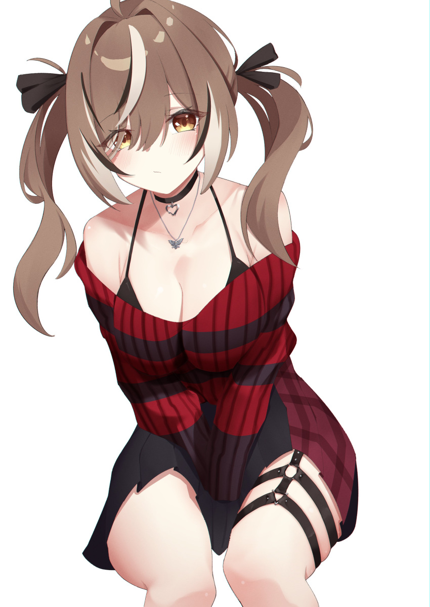 1girl absurdres bare_shoulders between_legs black_camisole black_choker black_hair black_ribbon black_skirt black_stripes blush breasts brown_eyes brown_hair camisole choker cleavage closed_mouth collarbone commentary hair_intakes hair_ribbon hand_between_legs heart heart_choker highres hololive hololive_english invisible_chair large_breasts multicolored_hair nanashi_mumei nanashi_mumei_(4th_costume) off-shoulder_sweater off_shoulder official_alternate_costume official_alternate_hairstyle pleated_skirt red_sweater ribbon simple_background sitting skaarl_(artist) skirt solo streaked_hair striped_clothes striped_sweater sweater thigh_strap twintails virtual_youtuber white_background white_hair