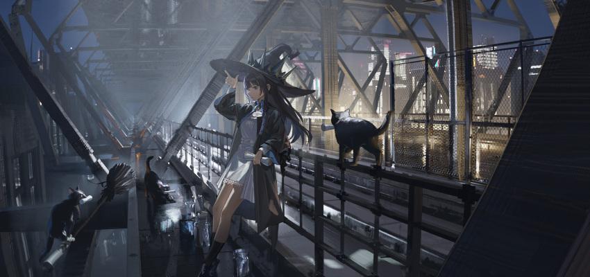 1girl absurdres against_railing ata-zhubo black_cat black_coat black_hair black_socks blurry broom building cat chain-link_fence cityscape closed_mouth coat depth_of_field dress fence floating floating_object from_side glass_bottle hat highres holding holding_paper long_hair mole mole_under_eye night open_clothes open_coat original outdoors paper railing socks solo standing viaduct white_dress witch witch_hat
