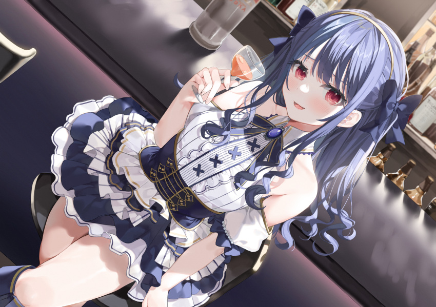 1girl arm_at_side bar_(place) black_bow black_ribbon blue_gemstone blue_hair blush bow center_frills commentary_request crossed_legs cup detached_sleeves drinking_glass eyelashes feet_out_of_frame fingernails frilled_shirt frills gem hair_between_eyes hair_bow hand_up hashtag_only_commentary highres holding holding_cup indie_virtual_youtuber indoors long_hair looking_at_viewer miniskirt nail_polish neck_ribbon on_chair open_mouth petticoat red_eyes ribbon seijo_namuu shirt short_sleeves sitting skirt sleeveless sleeveless_shirt smile solo tongue two_side_up virtual_youtuber wavy_hair white_shirt wine_glass yana_mori