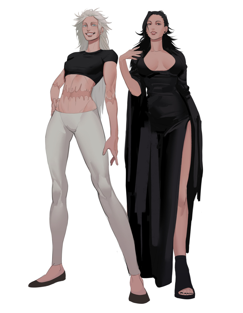 2girls absurdres black_dress black_hair black_nails black_shirt blue_eyes breasts cropped_shirt dress full_body getou_suguru gojou_satoru grin hair_slicked_back hand_on_own_hip highres iba_(kcokaine) jujutsu_kaisen long_dress long_hair medium_breasts multiple_girls pants scar scar_on_arm scar_on_stomach shirt side_slit simple_background smile standing toeless_footwear toned white_background white_pants