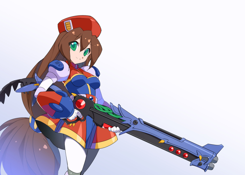 1girl beret blue_dress breasts brown_hair commentary_request cowboy_shot dress finger_on_trigger green_eyes gun hat holding holding_gun holding_weapon iris_(mega_man) kaidou_zx long_hair looking_at_viewer mega_man_(series) mega_man_x_(series) multicolored_clothes multicolored_dress red_dress red_headwear rifle simple_background small_breasts solo super_robot_wars super_robot_wars_original_generation very_long_hair voice_actor_connection weapon white_background