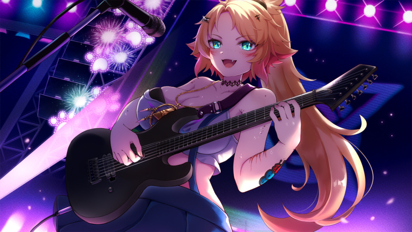 1girl 60mai aqua_eyes black_bra blonde_hair blue_skirt bra breasts choker cleavage colored_inner_hair commission crop_top facial_mark fang freckles guitar hair_ornament holding holding_guitar holding_instrument holding_plectrum indie_virtual_youtuber instrument jewelry large_breasts microphone millennium_ring multicolored_hair necklace obkatiekat obkatiekat_(1st_costume) open_mouth pink_hair plectrum ponytail skeb_commission skirt solo streaked_hair suspender_skirt suspenders tank_top underwear virtual_youtuber white_tank_top