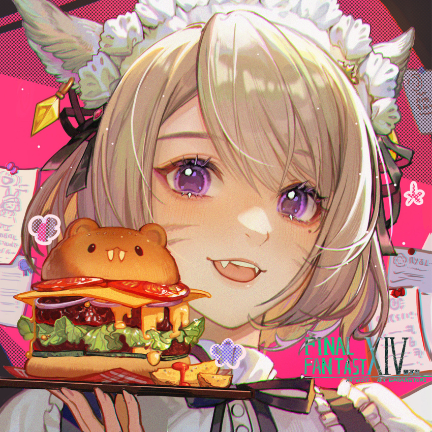 1girl :d animal_ears artist_name black_ribbon blonde_hair burger cat_ears cat_girl copyright_name earrings english_text facial_mark fangs final_fantasy final_fantasy_xiv food guan_tang_baozi highres holding holding_tray jewelry light_blush looking_at_viewer maid maid_headdress miqo'te mole mole_under_eye neck_ribbon paper portrait purple_eyes ribbon short_hair smile solo tray warrior_of_light_(ff14) whisker_markings