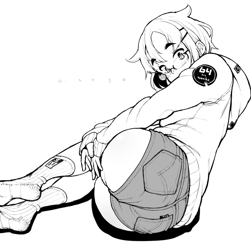 1girl ass ass_zipper character_name denim denim_shorts glasses greyscale hair_ornament hairpin highres hood hoodie hugging_own_legs koeru_otoge-san lineart long_sleeves monochrome neyuki_rei otouge_azuki short_hair shorts simple_background socks solo white_background