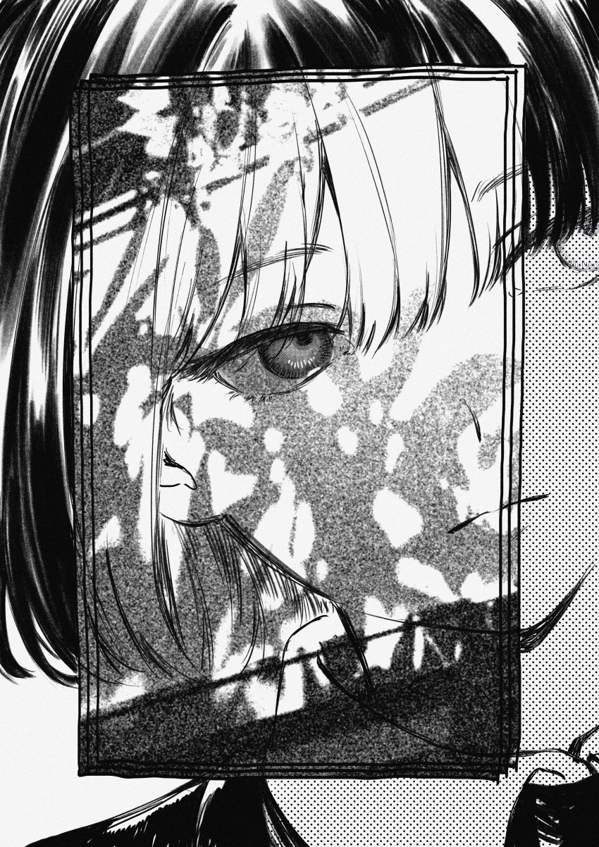 1girl absurdres bob_cut close-up expressionless greyscale highres inverted_colors looking_to_the_side machihazure monochrome original short_hair solo