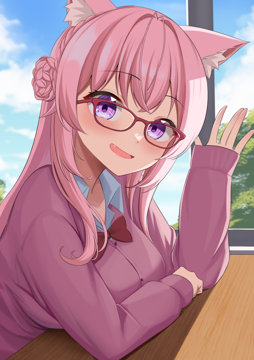1girl 9696k absurdres animal_ears bespectacled bow bowtie breasts classroom collared_shirt desk fang glasses hakui_koyori highres hololive indoors large_breasts long_hair looking_at_viewer open_mouth purple_eyes red-framed_eyewear red_bow red_bowtie shirt sitting solo tail virtual_youtuber white_shirt wolf_ears wolf_tail