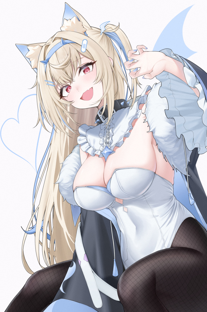 1girl adapted_costume animal_ear_fluff animal_ears belt_collar black_collar black_jacket blonde_hair blue_nails breasts cleavage collar dog_ears dog_girl fishnet_pantyhose fishnets fur-trimmed_jacket fur_trim fuwawa_abyssgard fuwawa_abyssgard_(1st_costume) highres hololive hololive_english jacket large_breasts leotard long_hair looking_at_viewer mintz912 multicolored_hair nail_polish open_mouth pantyhose pink_eyes playboy_bunny sidelocks smile spiked_collar spikes streaked_hair two_side_up virtual_youtuber white_background white_leotard