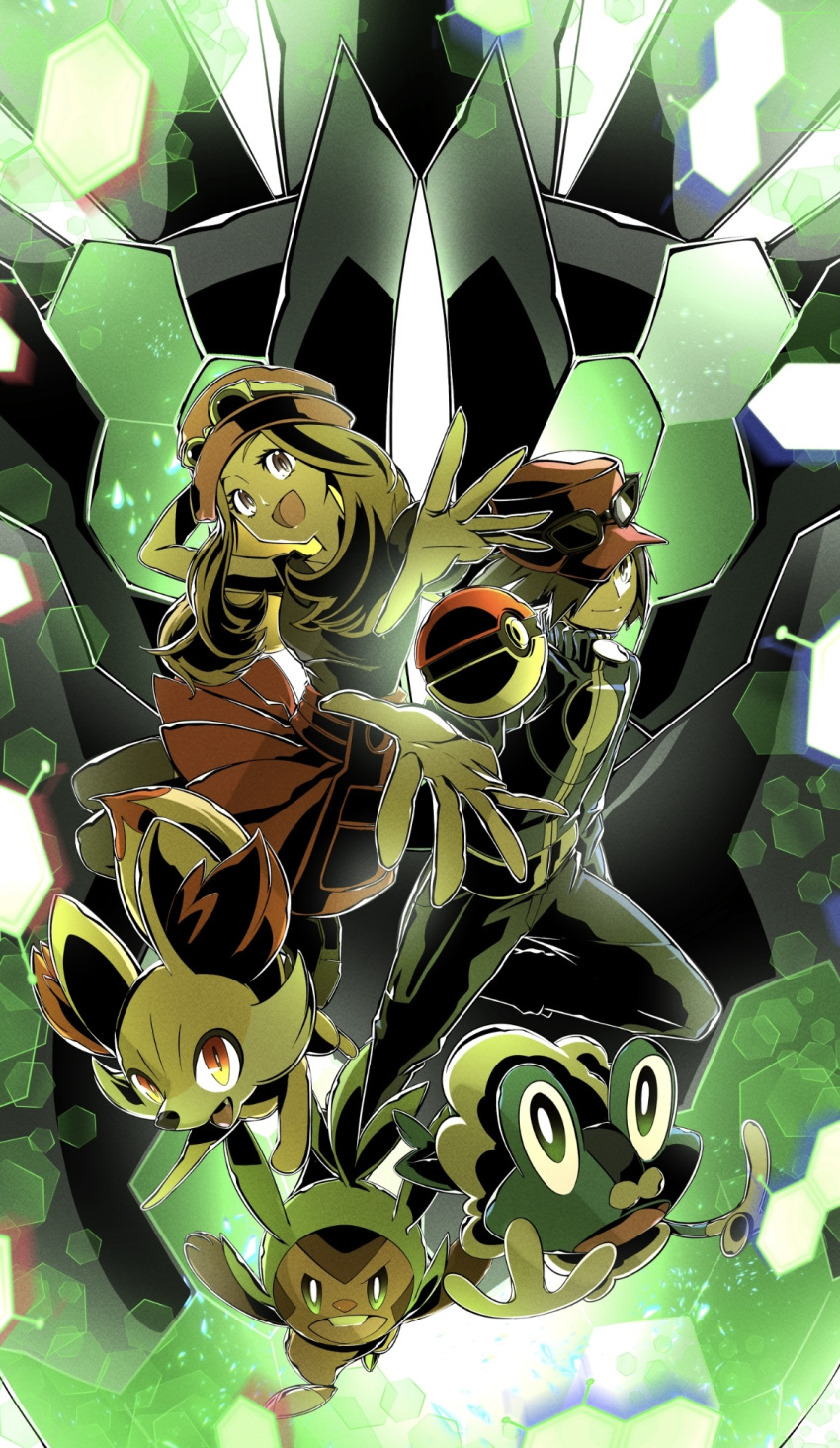 1boy 1girl animal_ear_fluff black-framed_eyewear black_hair black_shirt blue_jacket buck_teeth calem_(pokemon) chespin collared_shirt eyewear_on_headwear fennekin froakie green_eyes grey_eyes hand_on_headwear hat highres jacket kakashino_kakato light_brown_hair light_smile long_hair long_sleeves looking_at_viewer open_hand open_mouth outstretched_arm pink_headwear pleated_skirt poke_ball poke_ball_(basic) pokemon pokemon_(creature) pokemon_legends:_z-a pokemon_xy reaching reaching_towards_viewer red_eyes red_headwear red_skirt serena_(pokemon) shirt short_hair skirt sleeveless sleeveless_shirt starter_pokemon_trio sunglasses teeth turtleneck turtleneck_jacket white-framed_eyewear zygarde zygarde_(50)