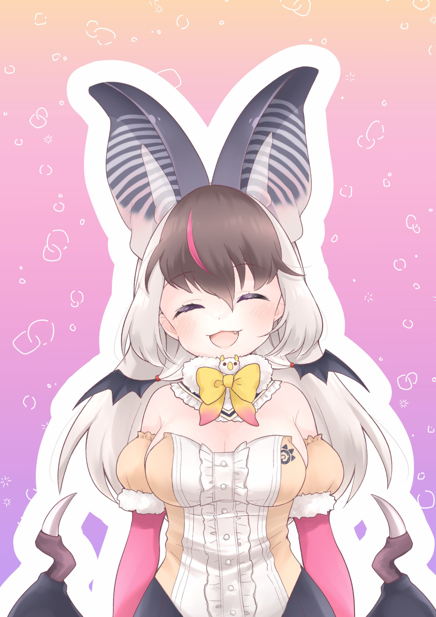 1girl absurdres animal_ears bat_ears bat_girl bat_wings brown_hair brown_long-eared_bat_(kemono_friends) elbow_gloves extra_ears gloves grey_hair highres kemono_friends kemono_friends_v_project kuromitsu_(9633_kmfr) leotard long_hair looking_at_viewer microphone purple_background simple_background skirt solo upper_body virtual_youtuber wings