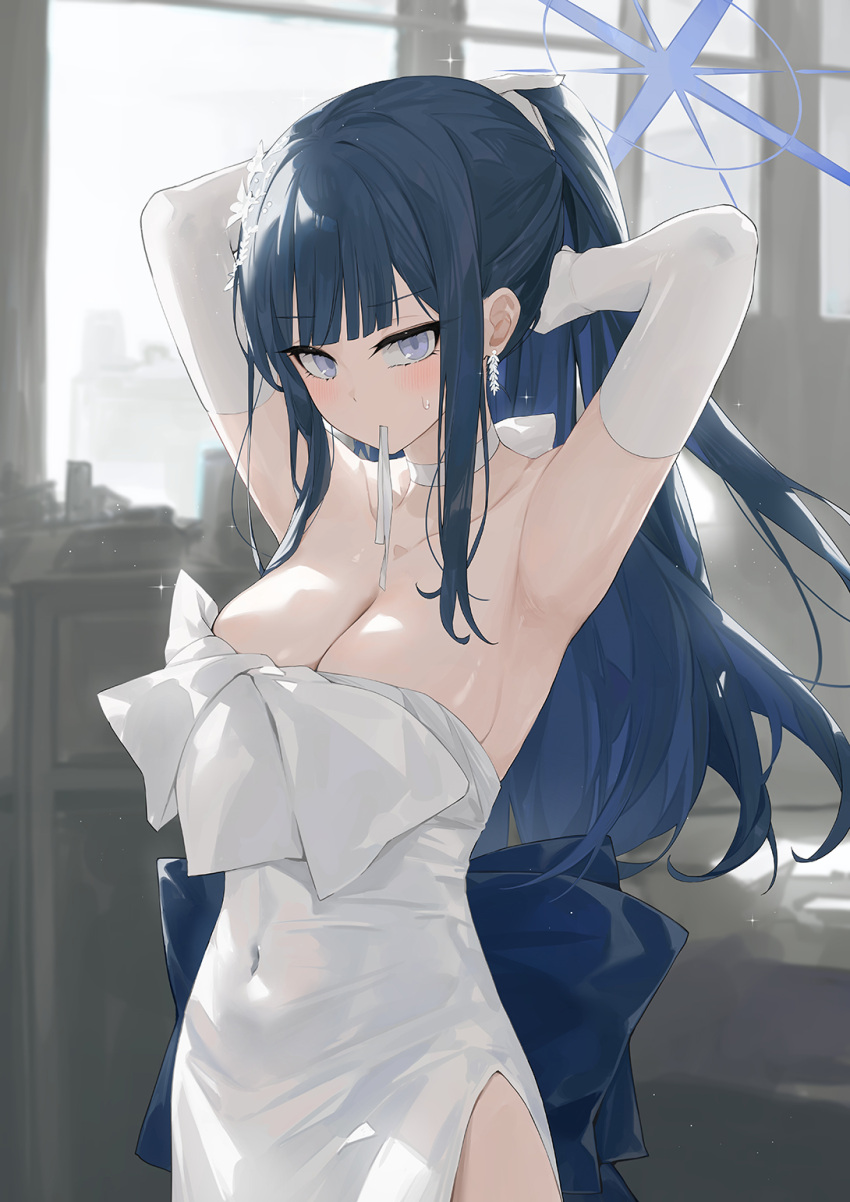 1girl armpits arms_behind_head arms_up bare_shoulders black_hair blue_archive blue_eyes breasts choker cleavage covered_navel dema_hmw dress elbow_gloves gloves halo highres large_breasts long_hair looking_at_viewer mouth_hold official_alternate_costume ponytail saori_(blue_archive) saori_(dress)_(blue_archive) tying_hair white_dress white_gloves