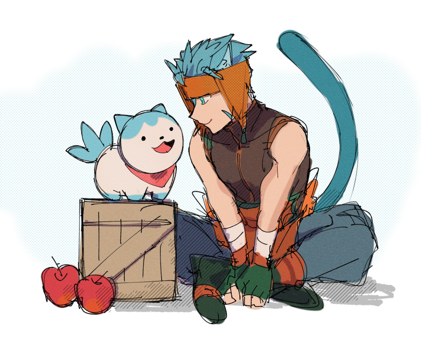 2boys animal_ears apple blue_fur blue_tail cat_boy cat_ears crate facial_mark fire_emblem fire_emblem:_path_of_radiance fire_emblem:_radiant_dawn fire_emblem_engage food fruit hand_guard highres kurimori multiple_boys ranulf_(fire_emblem) sommie_(fire_emblem) whisker_markings