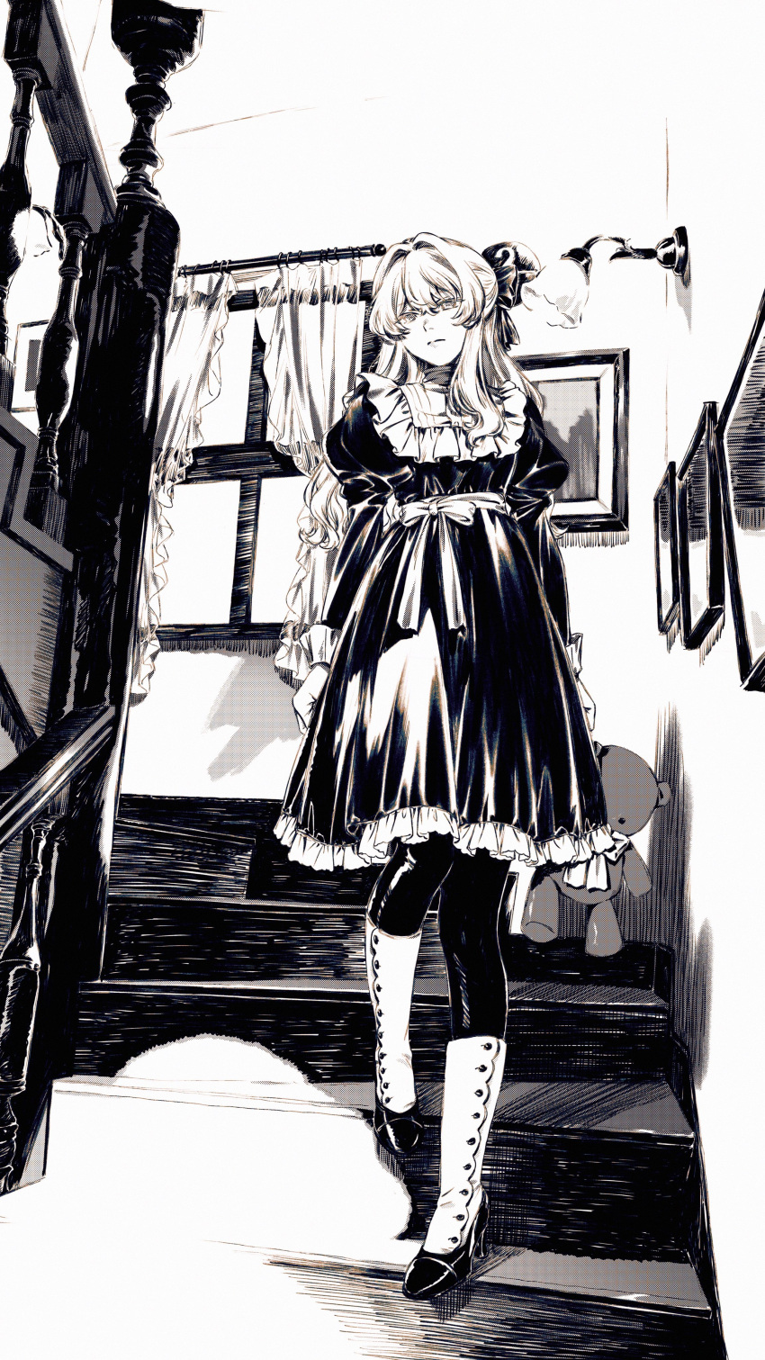 1girl absurdres boots bow collared_dress dress expressionless frilled_dress frills full_body greyscale hair_bow highres holding holding_stuffed_toy indoors long_hair looking_at_viewer machihazure monochrome original solo stairs stuffed_animal stuffed_toy teddy_bear window