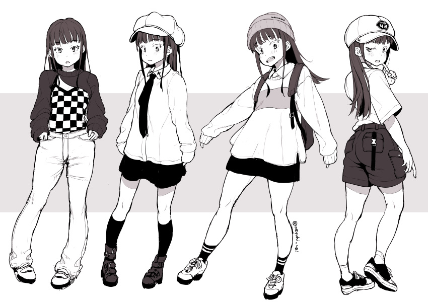 1girl absurdres baseball_cap beret checkered_clothes checkered_shirt fashion greyscale hat highres koeru_otoge-san long_hair long_sleeves looking_at_viewer monochrome neyuki_rei pants shimano_riko shirt shoes shorts sneakers socks standing straight_hair sweater twitter_username