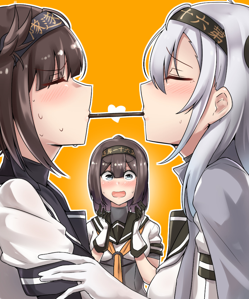 absurdres ahoge akizuki_(kantai_collection) bangs black_headband black_sailor_collar blush bodysuit breasts brown_hair closed_eyes closed_mouth clothes_writing commentary_request eyebrows_visible_through_hair food gloves grey_eyes hachimaki hair_between_eyes hair_flaps hair_ornament hairband hatsuzuki_(kantai_collection) headband heart highres kantai_collection kiritto long_hair looking_at_another medium_breasts mouth_hold multiple_girls neckerchief open_mouth pocky pocky_kiss ponytail sailor_collar school_uniform serafuku shared_food short_hair silver_hair standing suzutsuki_(kantai_collection) sweatdrop white_bodysuit yuri