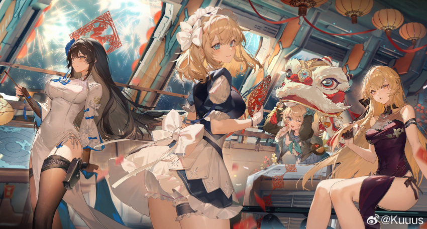 4girls black_gloves black_hair black_thighhighs blonde_hair blue_eyes breasts china_dress chinese_clothes chinese_commentary chinese_new_year copyright_name dress fireworks g36_(girls'_frontline) girls'_frontline girls'_frontline_2:_exilium gloves half_gloves highres holding holding_lantern holster kuuus lantern maid maid_headdress multiple_girls official_alternate_costume official_art orange_eyes ots-14_(girls'_frontline) ots-14_(sangria_succulent)_(girls'_frontline) panties paper_lantern parted_lips purple_dress side-tie_panties smile standing thigh_holster thighhighs type_95_(girls'_frontline) type_95_(narcissus)_(girls'_frontline) underwear vepley_(girls'_frontline_2) weibo_logo weibo_username white_dress white_gloves