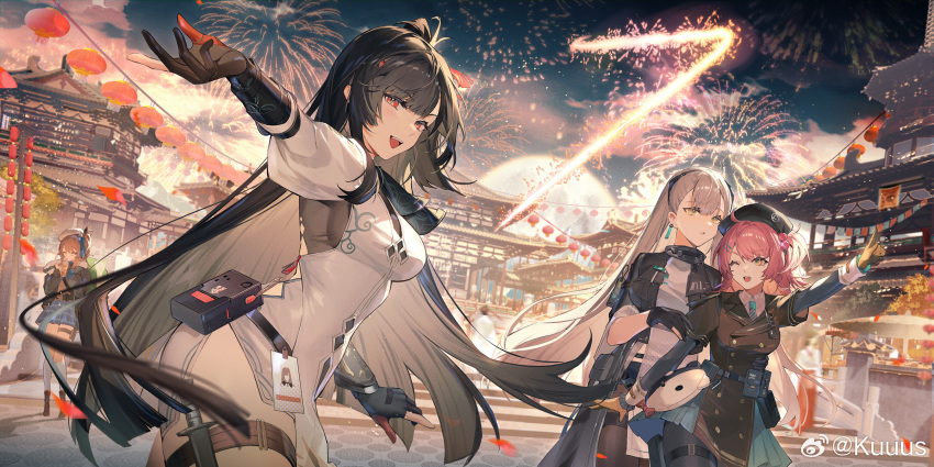 4girls :d :o ;d ak-alfa_(girls'_frontline) architecture belt_pouch beret black_footwear black_gloves black_hair black_headwear black_jacket black_pantyhose blonde_hair blue_necktie blue_skirt breasts brown_coat bubble_tea coat coat_dress cowboy_shot cup disposable_cup dress drink drinking_straw east_asian_architecture fingerless_gloves fireworks from_side girls'_frontline girls'_frontline_2:_exilium gloves grey_hair hat highres holding holding_cup holding_drink id_card index_finger_raised jacket kuuus lantern layered_sleeves long_sleeves looking_at_viewer mp7_(girls'_frontline) multiple_girls necktie night night_sky official_art one_eye_closed one_side_up outdoors outstretched_arm pantyhose paper_lantern pink_hair pointing pouch qbz-191_(girls'_frontline) red_eyes short_hair short_over_long_sleeves short_sleeves skirt sky smile socks thigh_pouch vepley_(girls'_frontline_2) weibo_logo weibo_username white_dress white_socks yellow_eyes